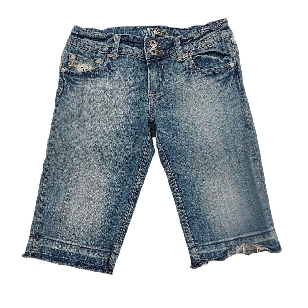 Miss Me Bermuda Jean Shorts Womens 27 Blue Flap Pockets Ripped Stretch Raw Hem